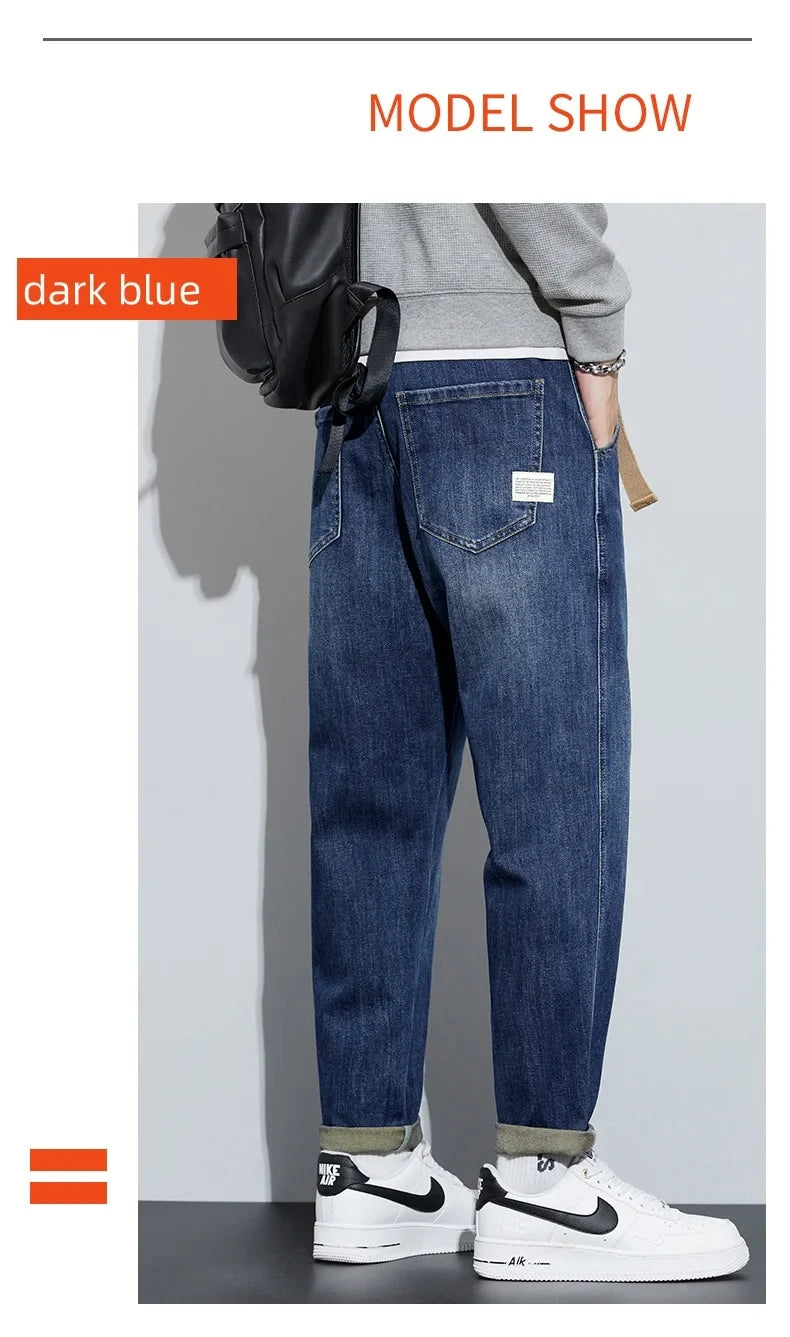 Winter Dark Blue Fleece Jeans for Men Black Loose Straight Casual Trendy Comfortable Versatile Youth Thickened Harem Pants Blue