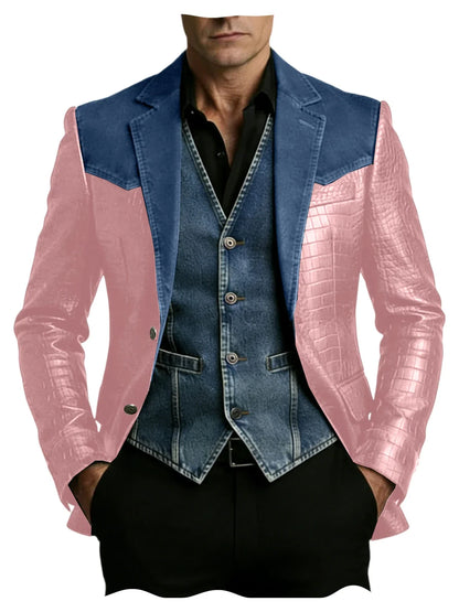 Men's Patchwork Denim & Crocodile Leather Blazer Two-Tone Western Style Suit Jacket Vintage Casual Fashion Coat