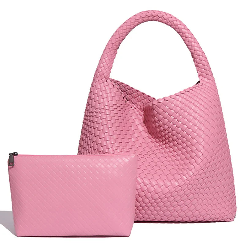 Woven Tote Bag for Women Large Woven Handbag Soft Leather Shoulder Bag Work Shopper Summer Beach Travel Tote Bag with Purse