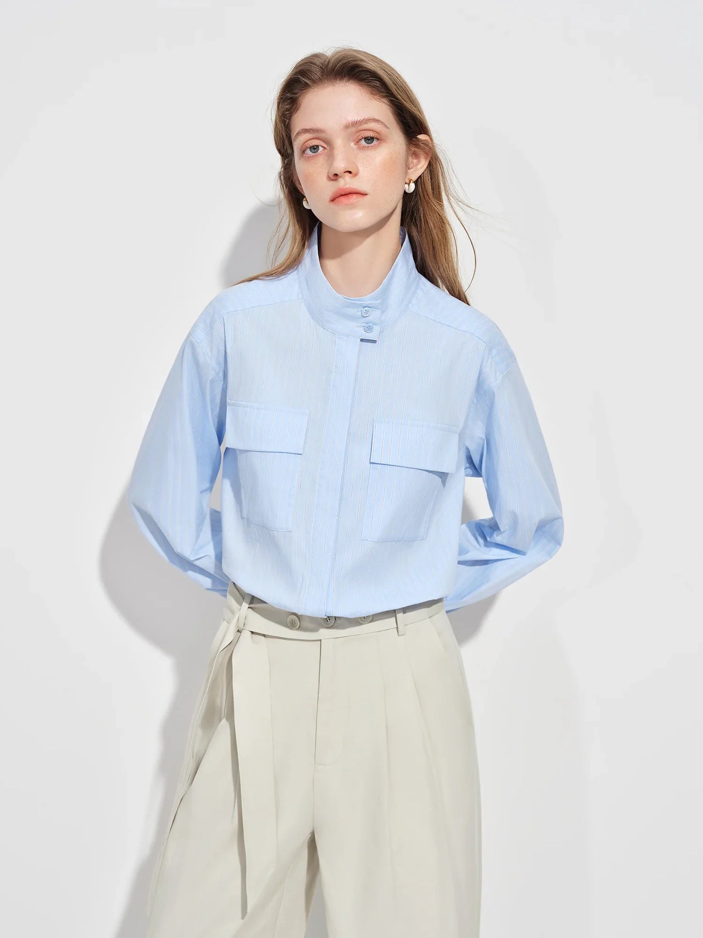 2026 Spring Women's Relaxed Fit Stand Collar Shirt Soft Touch Oversized Blouse White Blue Healing Commute Minimalist Style