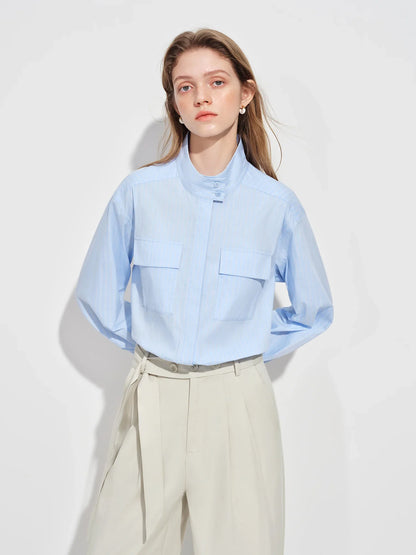 2026 Spring Women's Relaxed Fit Stand Collar Shirt Soft Touch Oversized Blouse White Blue Healing Commute Minimalist Style