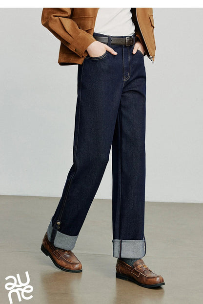 Women Denim Jeans 2025 Autumn New Lyocell Rolling Up Hem Elastic and Simple Straight Leg Ankle Length Pants