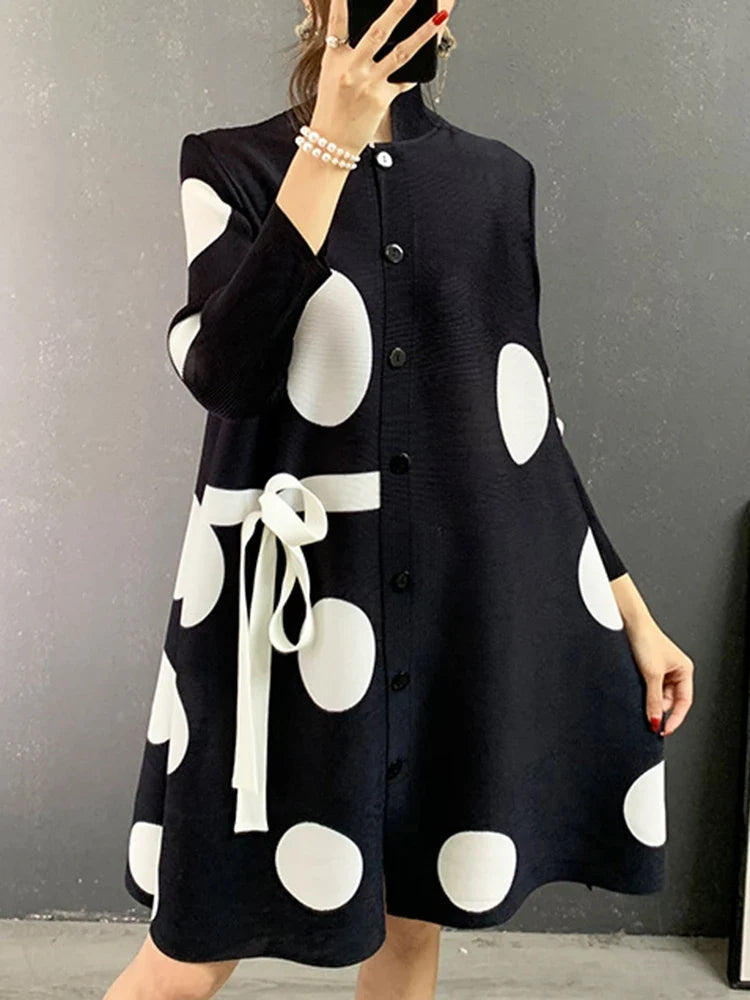 Miyake Pleated Dot Printing Dress 2025 Autumn Single Breasted Plus Size Drawstring Elegant Streetwear Festival Women Clothing