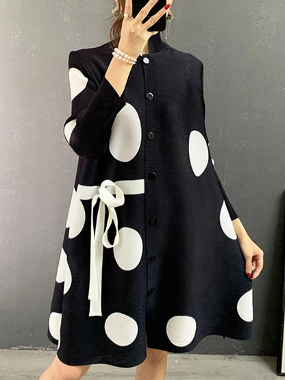 Miyake Pleated Dot Printing Dress 2025 Autumn Single Breasted Plus Size Drawstring Elegant Streetwear Festival Women Clothing