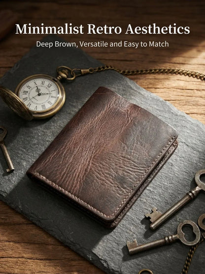 Ultra-Durable Men's Leather Short Wallet, Scratch-Resistant Hand-Rubbed Top Grain Leather Card Holder, Minimalist Travel Wallet