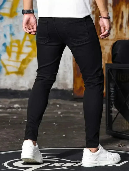 Men Jeans Stretch Skinny Denim Pants Solid Color Black Blue Spring Luxury Street Harajuku Hip-Hop Style Slim Fit Trousers Brand