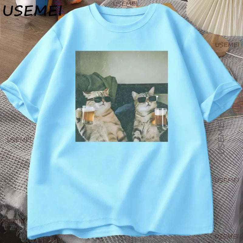 Funny Cool Cat Drinking Beer T-shirt Casual Cotton Short Sleeve T Shirt Man Clothes Harajuku Round Neck Men's Designer Tops