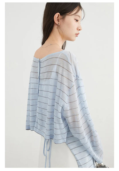 Korean Women T-Shirts Loose Casual New Striped Long Sleeve Sunscreen Shirt Designed Female Tees Summer 2025