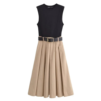 2025 Woman Dresses Belt Pleated Midi Dress Women Sleeveless Summer Dress Woman Knitted Party Dresses for Women Sundress