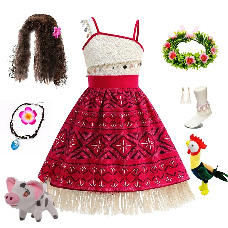 2 Vaiana Costume Girls Princess Dress Children Purim Lace Clothes Kids Cartoon Cosplay Outfits Birthday Party Frock