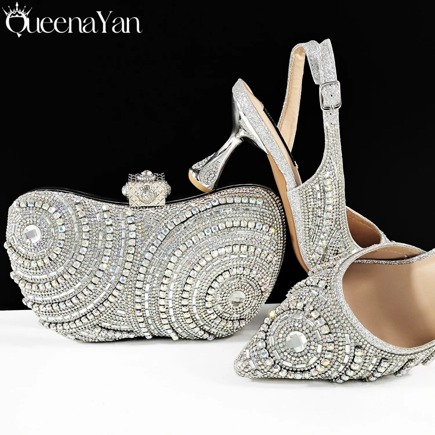Nigerian Heel Party for Women Silver Color Shoes and Bag Set Rhinestone Handbag Italian Design Wedding INS 2025