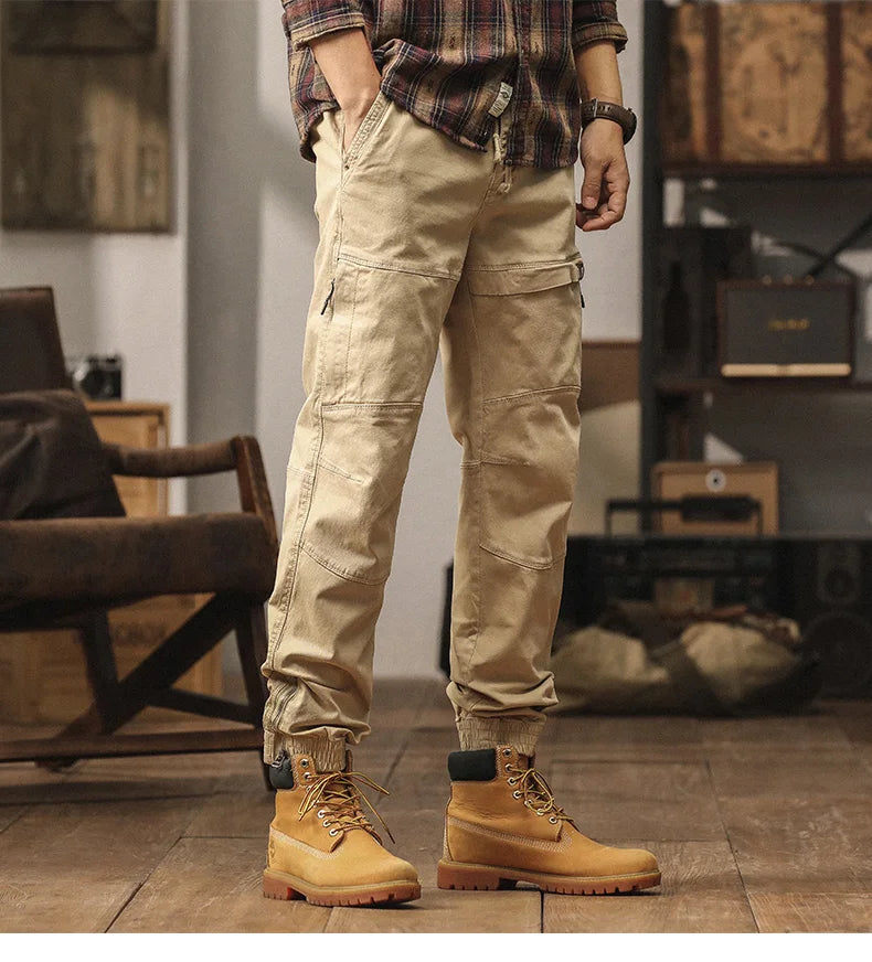 Cotton Men's Cargo Pants Elastic Waist Stretch Trouser Male Multi Pocket Casual Jogger Fit Ankle Length Zipper Purple Drawstring