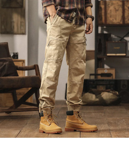 Cotton Men's Cargo Pants Elastic Waist Stretch Trouser Male Multi Pocket Casual Jogger Fit Ankle Length Zipper Purple Drawstring