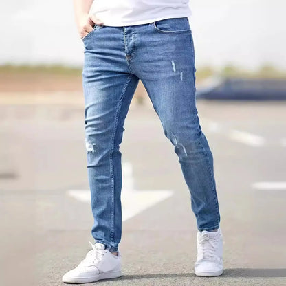 New men's jeans elastic slim fit pants street wear classic ripped cat whiskers casual jeans tight zipper denim clothing black bl