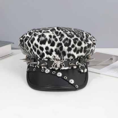 Sweet cool Spice Girl style riveted spider hoop PU leather newsboy hat Y2K fashion trend shopping face small beret
