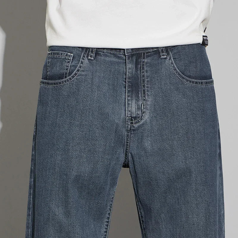 2025 New Lyocell Summer Thin Business Male Pants Jeans Men's High Waist Loose Comfortable Straight Elastic Denim Trousers