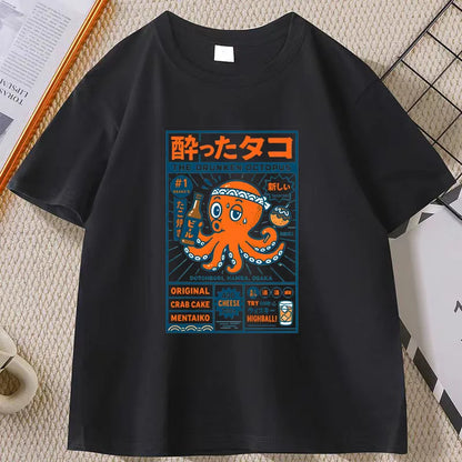 Japanese Style T-shirt drunken octopus Osaka Tshirt Seafood Men Women Graphic Tee Cotton Printed Short Sleeve T Shirt Streetwear