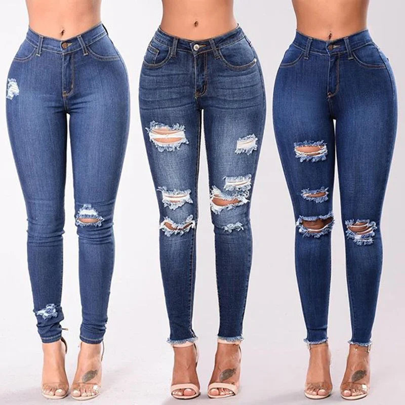 2024 Women Stretch Skinny Ripped Jeans Lady High Waist Pencil Long Pants Narrow Straight Leg Wrap Hips Plus Size S-3XL Trousers