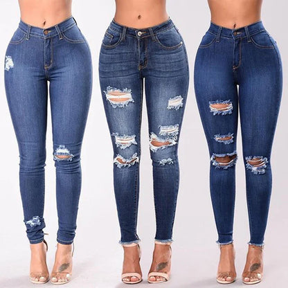 2024 Women Stretch Skinny Ripped Jeans Lady High Waist Pencil Long Pants Narrow Straight Leg Wrap Hips Plus Size S-3XL Trousers