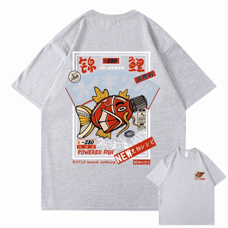 Hip Hop Streetwear Harajuku T-shirt Japanse Kanji Fish Print T-shirt 2024 Mannen Katoen Casual Korte Mouw T-shirt Japan Stijl