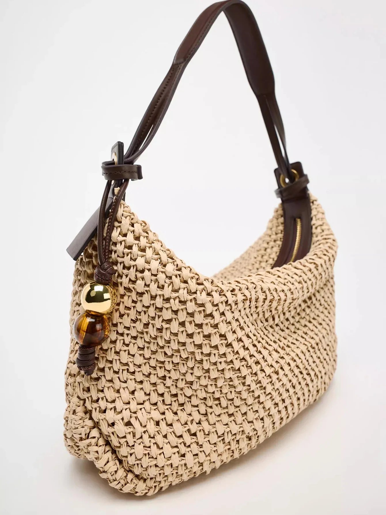 Casual Hobos Straw Bag Designer Woven Women Shoulder Bags Vintage Bead Deco Handbags Handmade Summer Beach Bag Small Tote Purses