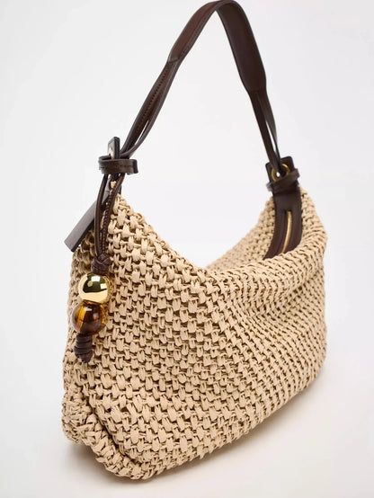 Casual Hobos Straw Bag Designer Woven Women Shoulder Bags Vintage Bead Deco Handbags Handmade Summer Beach Bag Small Tote Purses