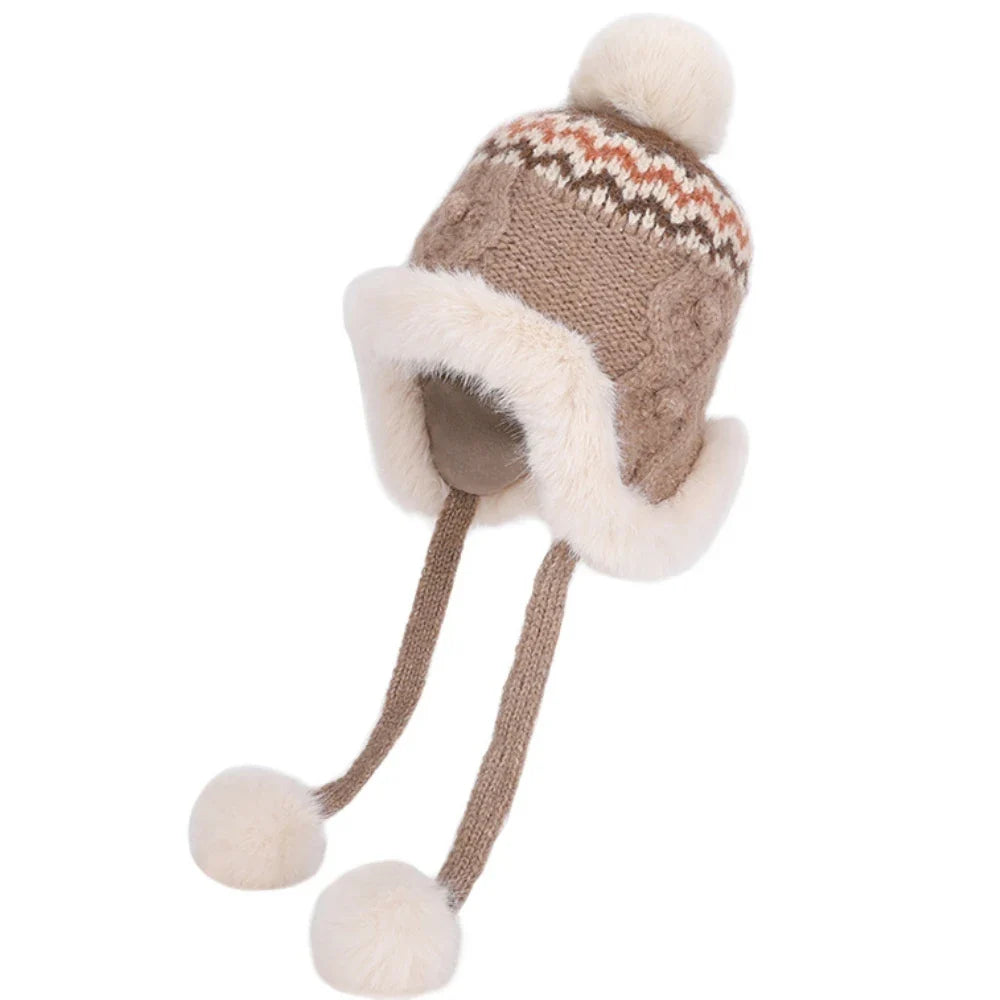 New Thick Warm Women Winter Hat Skullies Beanies Knitted Fur Hat Three Fur Ball Beanie Hat Female Earflap Cap Russian Hat