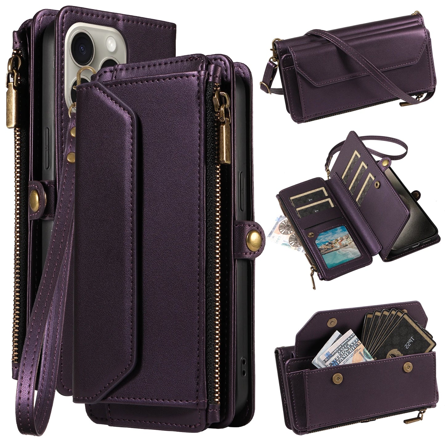 Multi-Card Slot Wallet-Style Phone Case (Long Strap + Short Strap) for iPhone 17/16/15/14/13/12/11 Pro Max Protective Set with Coin Pocket, Crossbody Strap, Anti-Drop Faux Leather Case