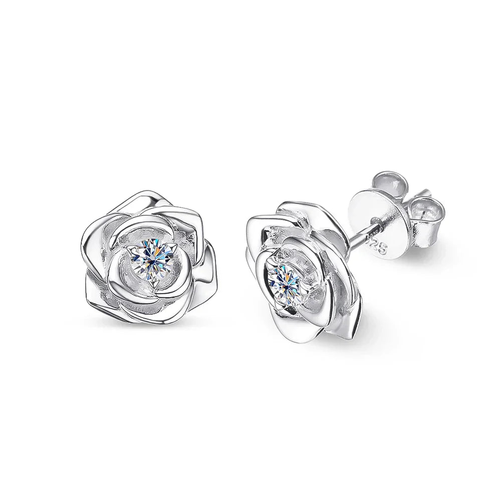 100% 925 Sterling Silver 3mm Moissanite Diamond Stud Earring For Women Romantic Rose Flower Earring Sparkling Fine Jewelry