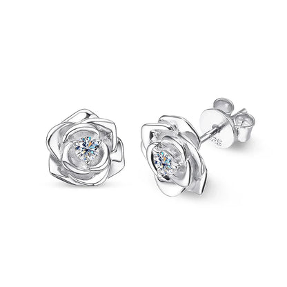 100% 925 Sterling Silver 3mm Moissanite Diamond Stud Earring For Women Romantic Rose Flower Earring Sparkling Fine Jewelry