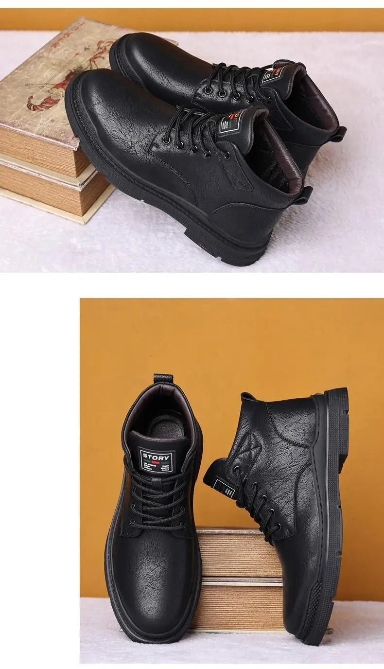 Casual Formal Footwear Brand Men's Leather Shoes New in Winter Men Boots Warm Plush Lace-up Ankle Boots Comfy Office Work Shoes