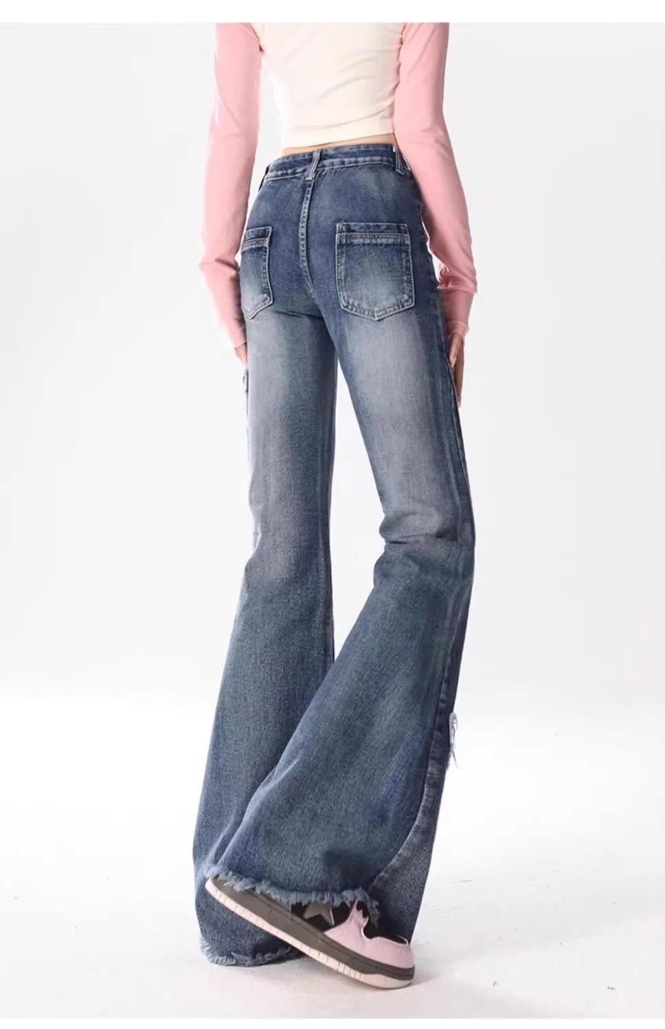 Summer New Vintage  Splicing Micro Flared Denim Jeans Women plus Size High Waist Loose Slimming Frayed Pants