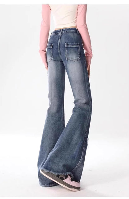 Summer New Vintage  Splicing Micro Flared Denim Jeans Women plus Size High Waist Loose Slimming Frayed Pants