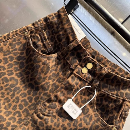 2025 Leopard Print High Waist Denim Shorts Women's New Irregular Fashion Wide-leg Pants Booty Shorts Jeans Mini Shorts Summer