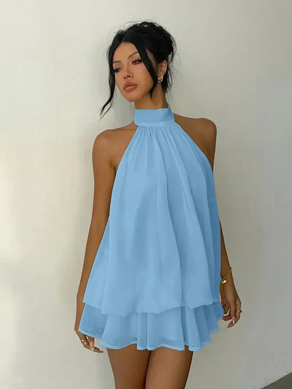 Women's Halter Neck Dress, Backless Tie-Front Chiffon Sheer Mini Skirt, Fashionable Sexy Y2K Vintage Cute Party Birthday Dress