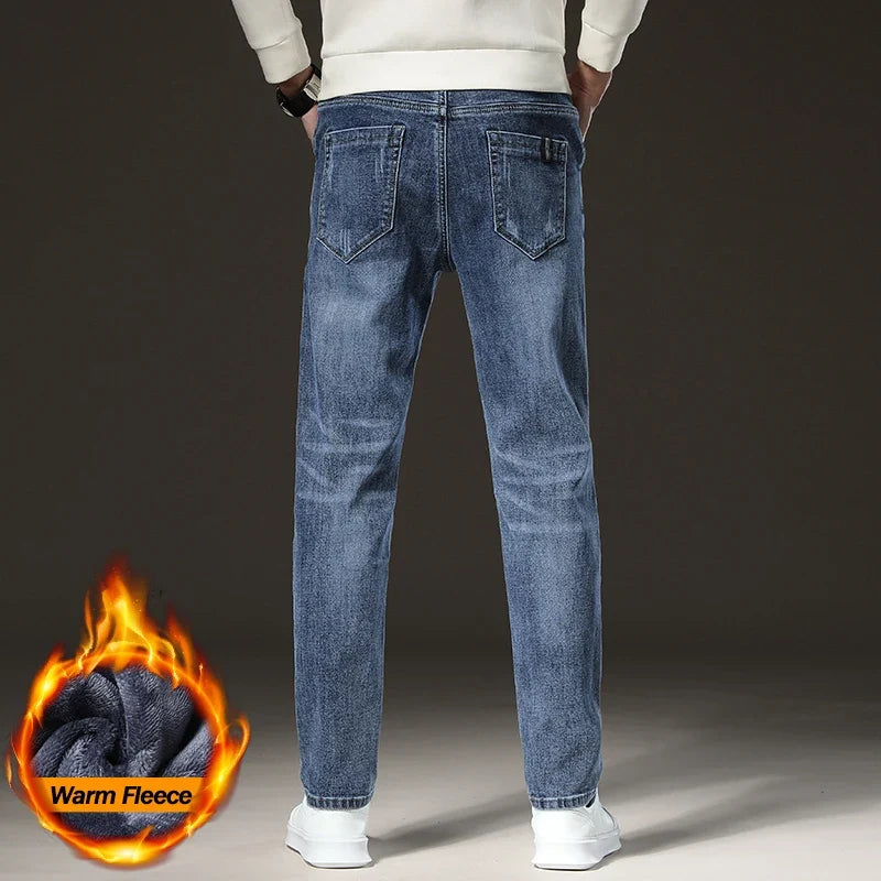 Warm Winter Jeans Men's Fleece Light Blue Slim Straight Denim Pants High Quality Thicken Velvet Elastic Comfort Casual Trousers