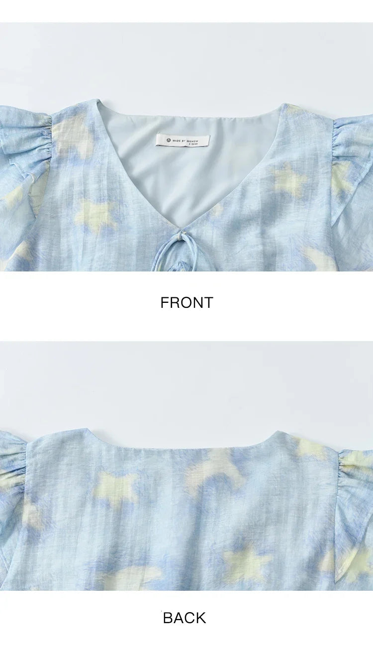 Blue Double-layer Ruffled Linen V-neck Blouse for Women Summer 2025 Slim Flying Sleeve Breathable Lace-up Tops MXE33X1819