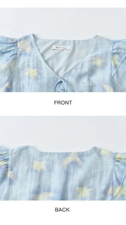 Blue Double-layer Ruffled Linen V-neck Blouse for Women Summer 2025 Slim Flying Sleeve Breathable Lace-up Tops MXE33X1819