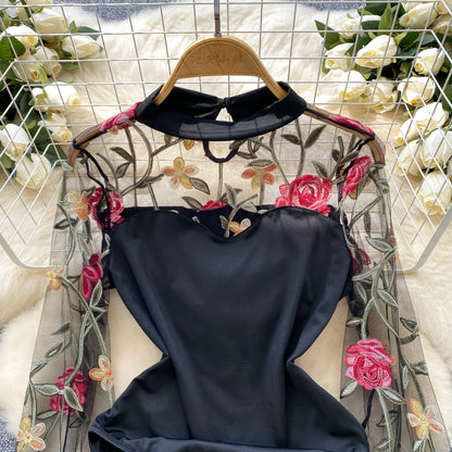 Vintage Embroidery Gauze Sexy Bodysuits Stand Collar Long Sleeve Playsuits Fashion Spliced Women Open crotch Rompers