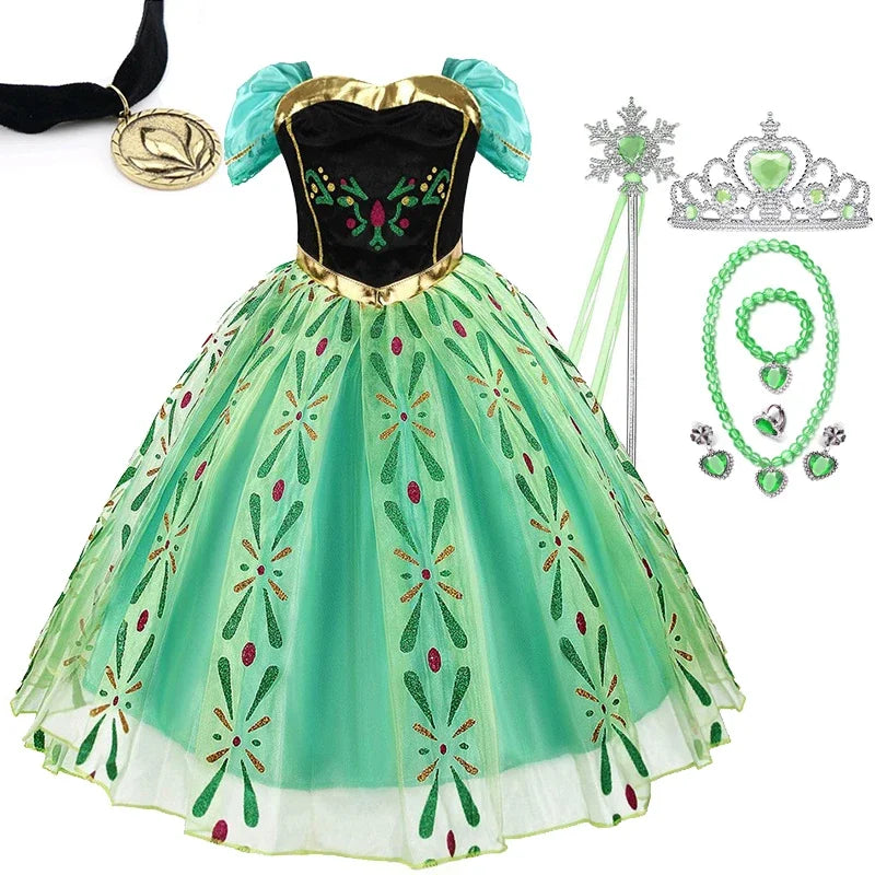 Girls Princess Anna Dress Birthday Party Dresses Halloween Disguise Cosplay Costume Fancy Green Dress Up Fantasia Anna Costumes
