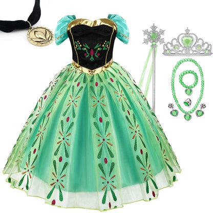 Girls Princess Anna Dress Birthday Party Dresses Halloween Disguise Cosplay Costume Fancy Green Dress Up Fantasia Anna Costumes