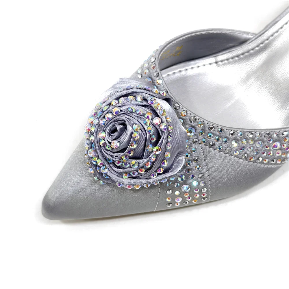 Sparkling Rhinestone Rose Pumps With Medium Heel for Nigerian Women's Party, Pointed Toe Shoes and Matching Bags