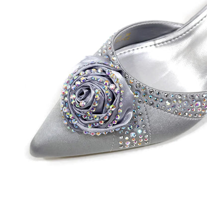 Sparkling Rhinestone Rose Pumps With Medium Heel for Nigerian Women's Party, Pointed Toe Shoes and Matching Bags
