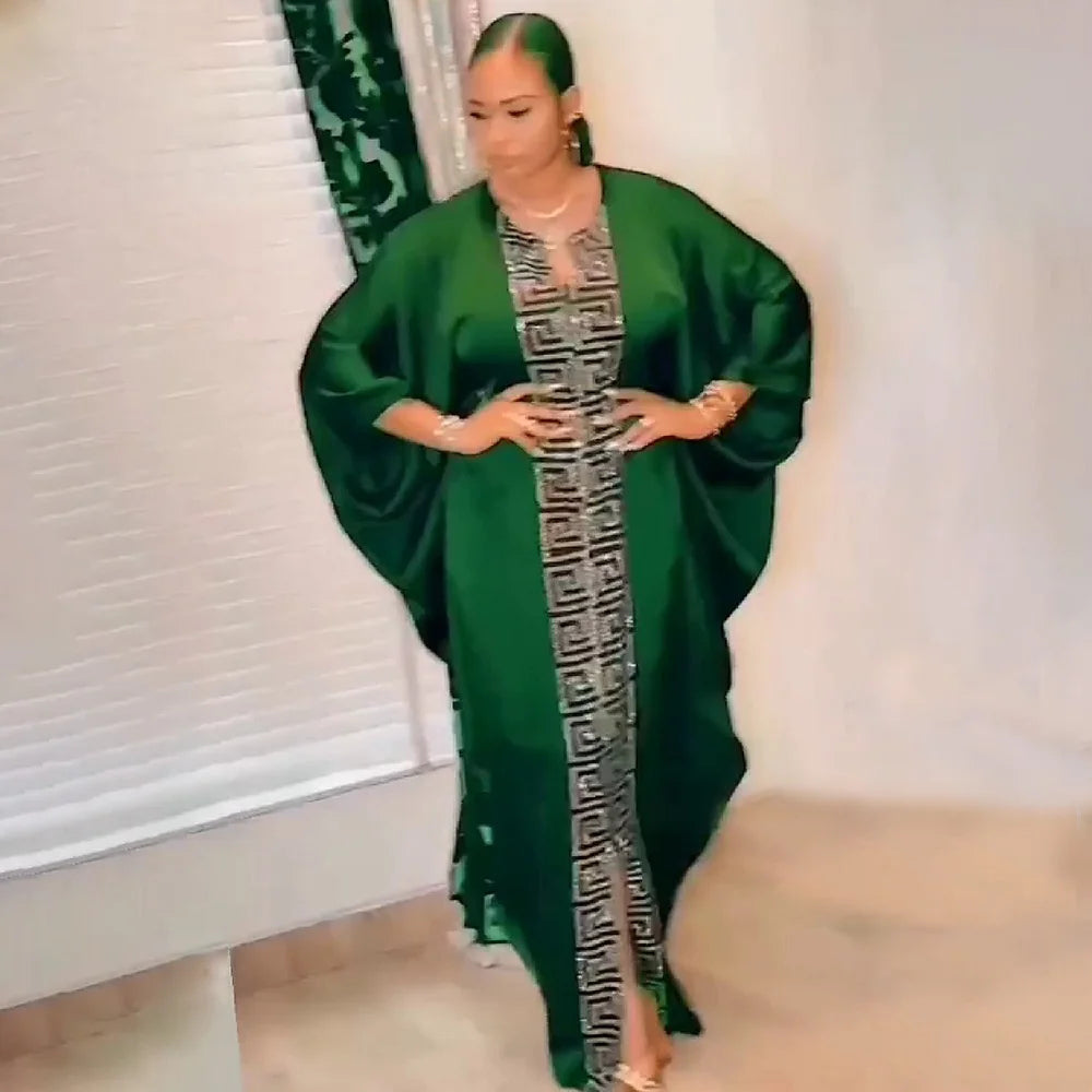 Fashion African Woman Large Size Bat Sleeve Dress Muslim Islamic Style Robe Imitation Silk Hot Fix Rhinestone