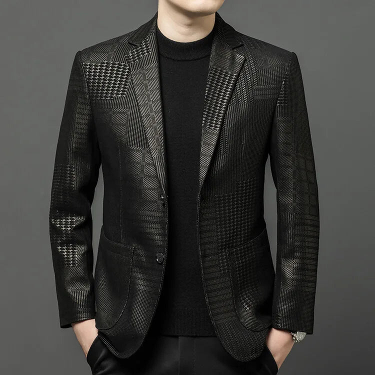 Luxurious Sheepskin Blazers For Men Smooth Casual Leather Jacket Winter Top Quality Leopard Print Slim Gentleman Terno Masculino