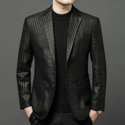 Luxurious Sheepskin Blazers For Men Smooth Casual Leather Jacket Winter Top Quality Leopard Print Slim Gentleman Terno Masculino