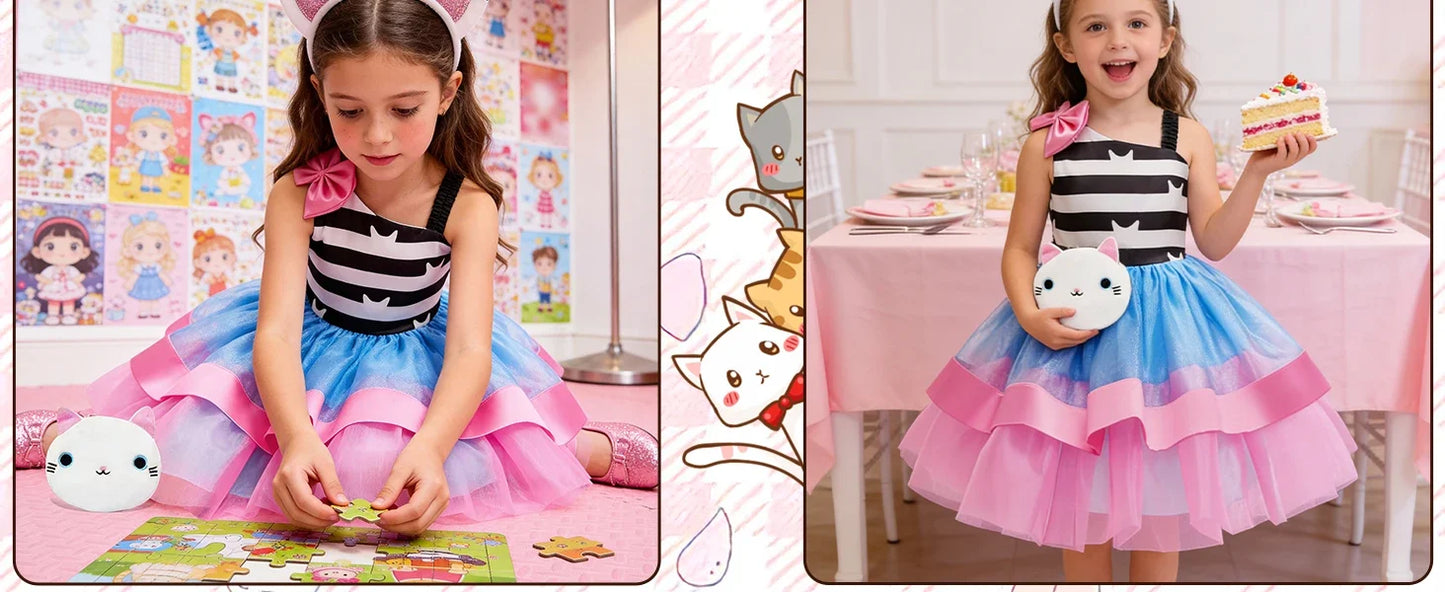 2026 Summer New Kids Girls Puffy Princess Dress Cat Striped Tutu Dress Children Birthday Party Cosplay Costume