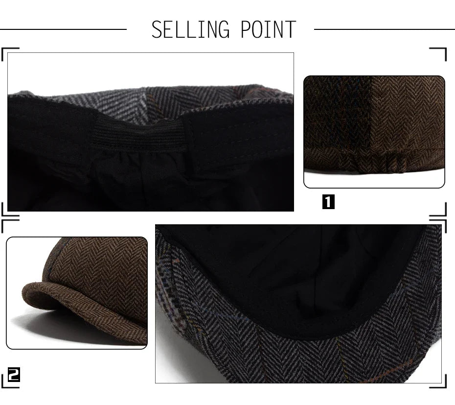 Vintage Newsboy Cap Men Herringbone Plaid Patchwork Pattern Women Beret Autumn Winter Warm Male Flat Caps Octagonal Hat Elastic