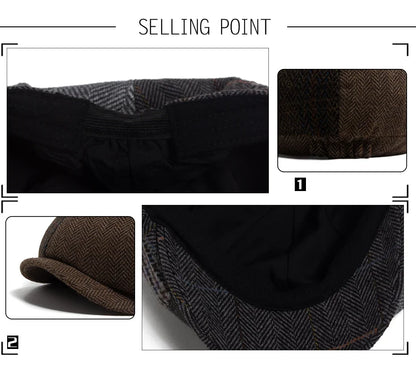 Vintage Newsboy Cap Men Herringbone Plaid Patchwork Pattern Women Beret Autumn Winter Warm Male Flat Caps Octagonal Hat Elastic