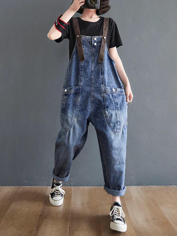Anti-Aging High Waist Loose Women's Denim Overalls Korean Sle Summer Faion Thinming Harem Nine-Piece Pants